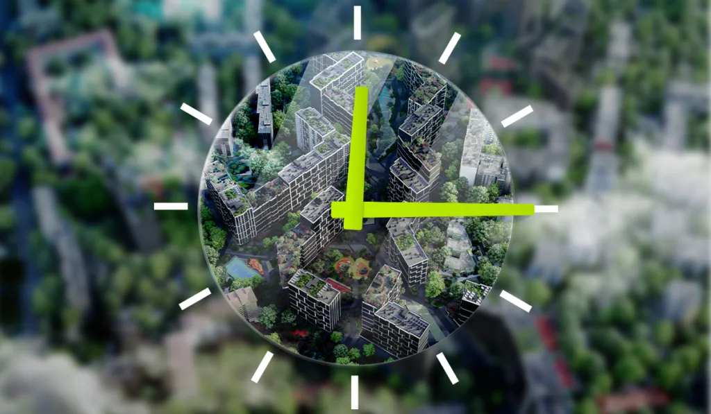 Годинник із зображенням сучасного екологічного міста