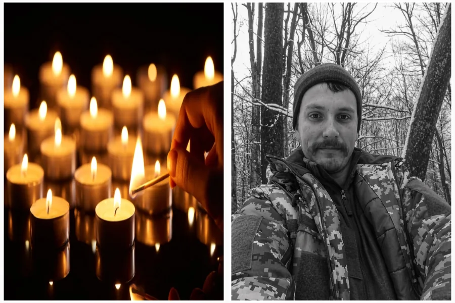 Свічки пам'яті та чоловік у зимовому лісі