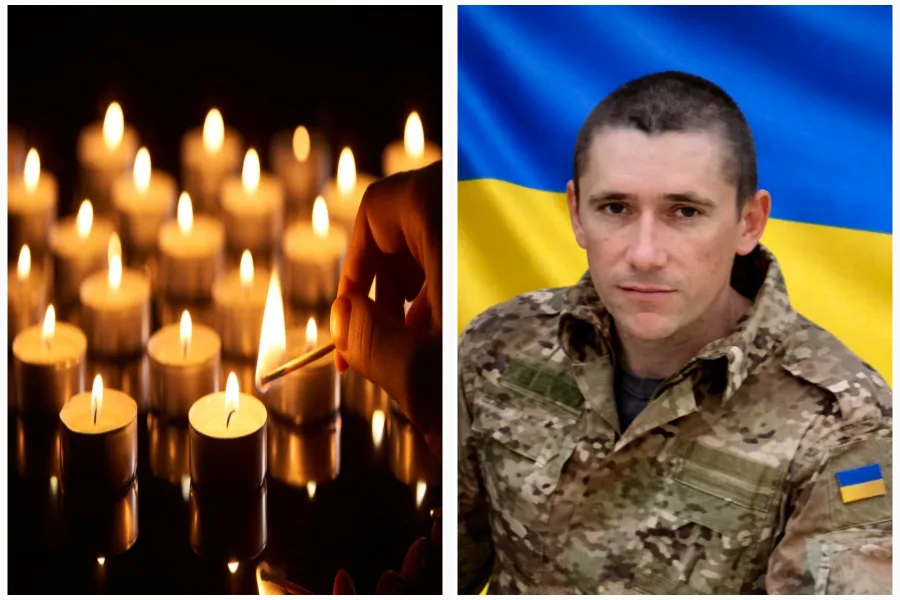 Свічки пам’яті та український військовий перед прапором