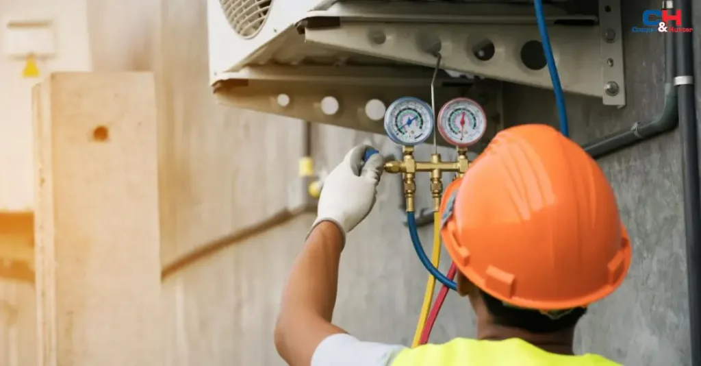 Технік перевіряє кондиціонер за допомогою манометрів