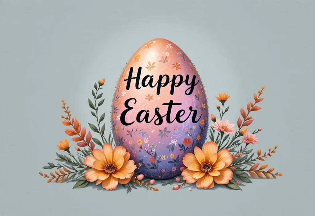 Писанка з написом Веселого Великодня та квітами