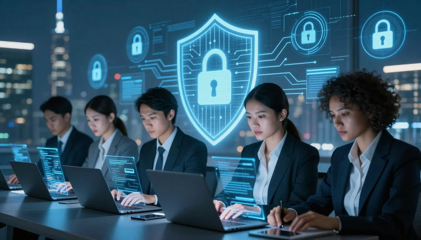 Команда фахівців із кібербезпеки працює за ноутбуками