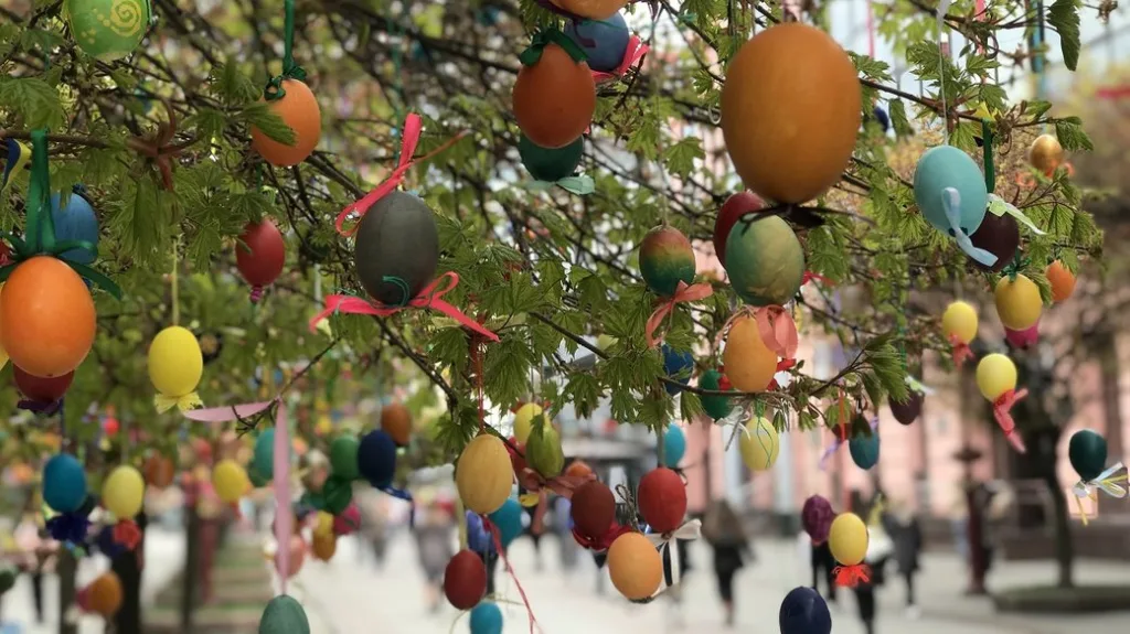 Дерево прикрашене кольоровими великодніми писанками