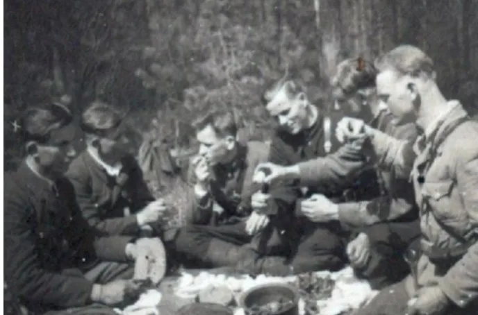 Група чоловіків обідає на природі