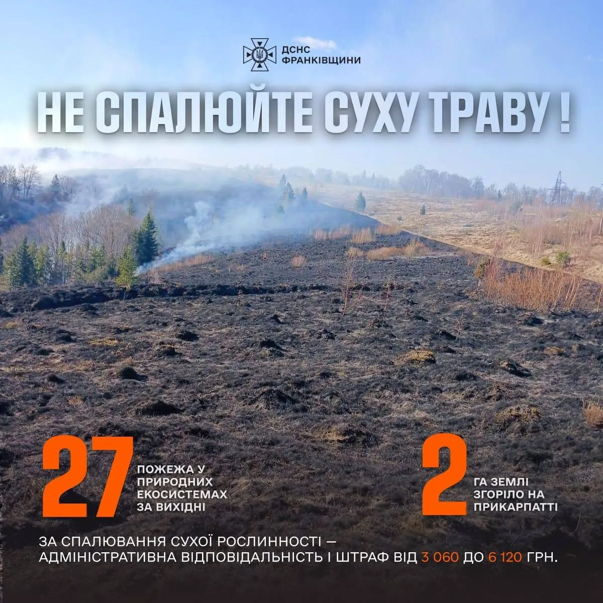 Пожежа на полі через спалювання сухої трави