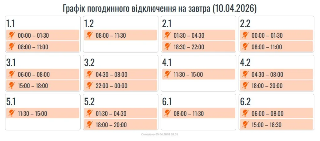Графік погодинного відключення електроенергії 10 квітня 2026