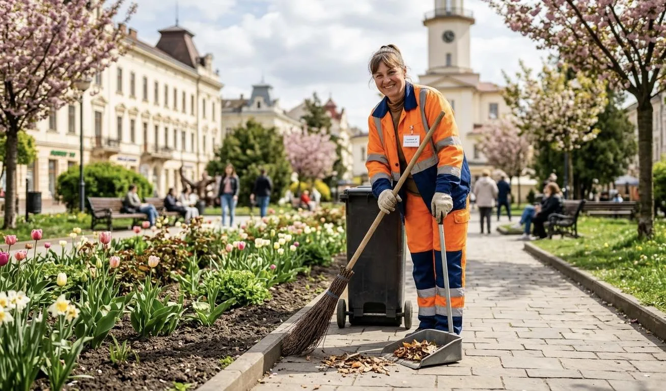 Працівниця прибирає парк серед весняних квітів