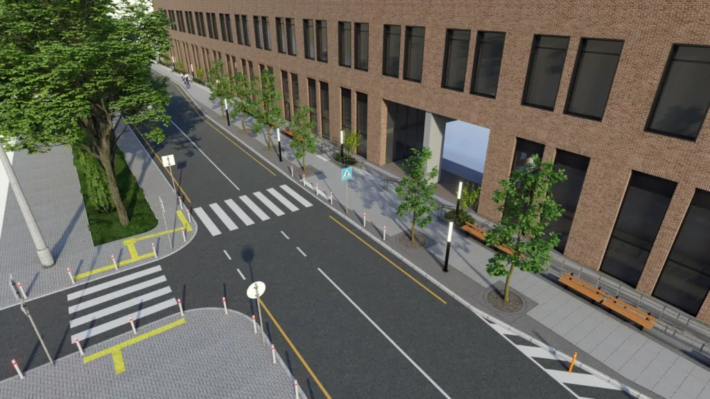 Сучасна міська вулиця з переходом і деревами