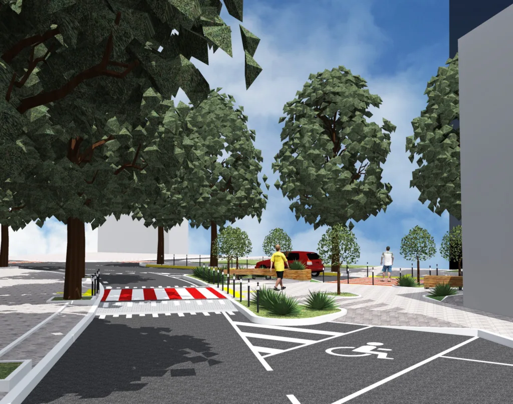Візуалізація міського парку з деревами та переходом