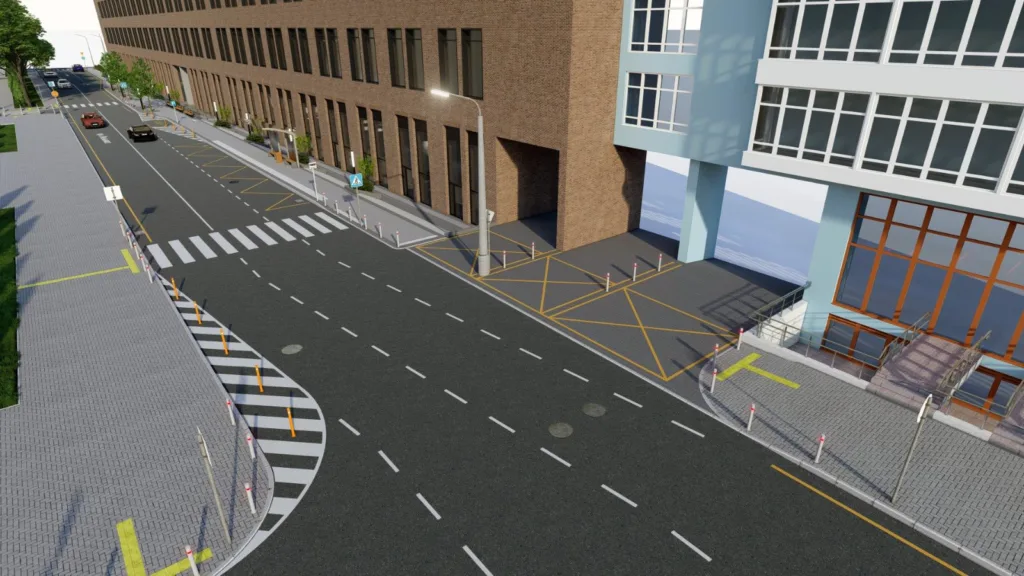 Міська вулиця з офісними будівлями та пішохідним переходом