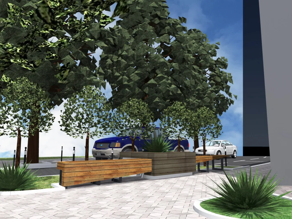 Міський тротуар з лавами, деревами та припаркованими авто