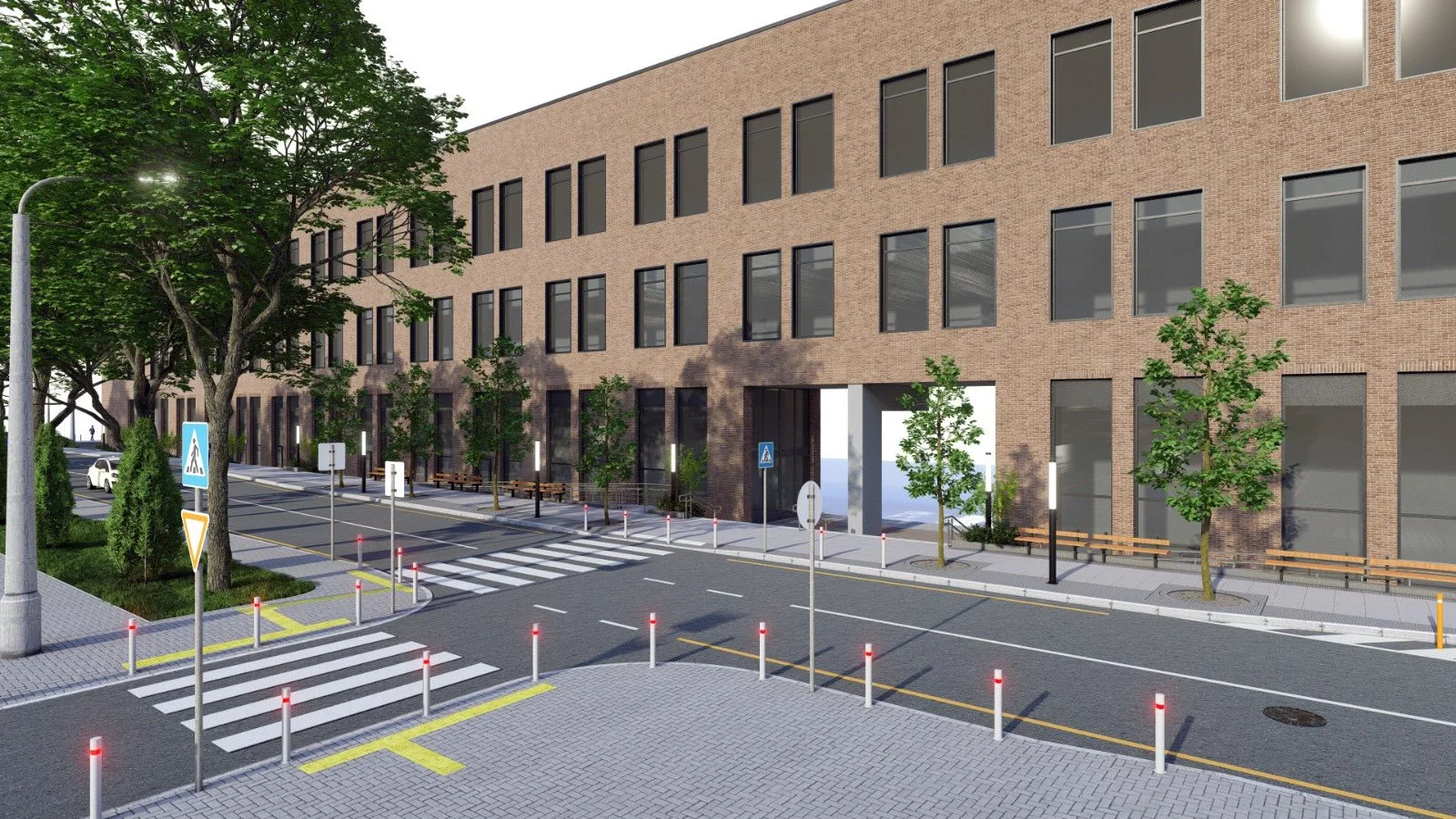 Сучасна вулиця біля цегляної офісної будівлі