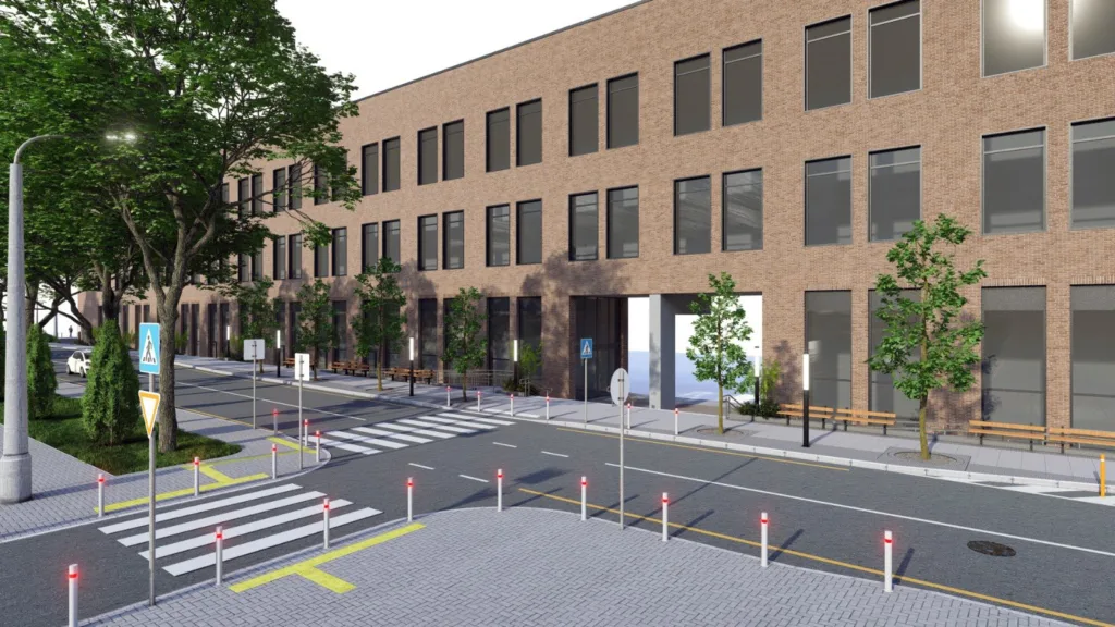 Сучасна вулиця біля цегляного офісного будинку