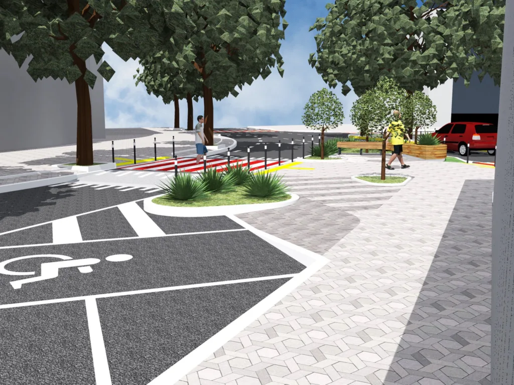 Міська вулиця з парком, деревами та пішохідним переходом