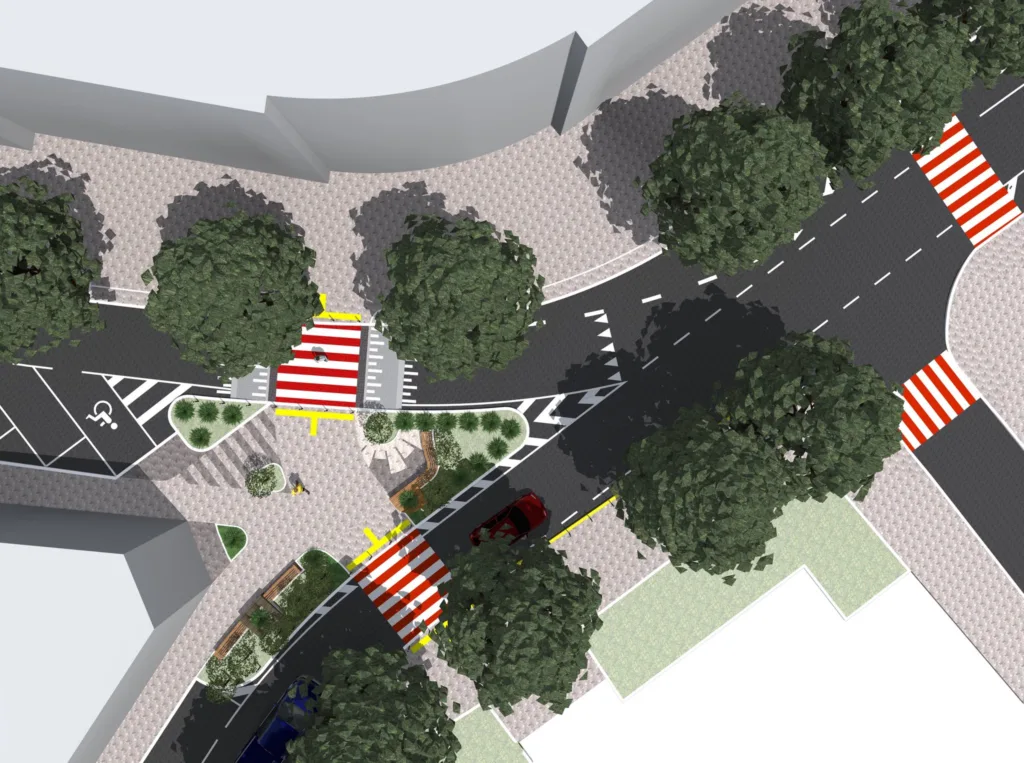 Вид зверху на перехрестя з пішохідними переходами