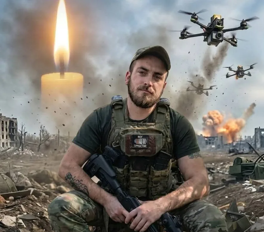 Український військовий на руїнах з дронами та вибухами