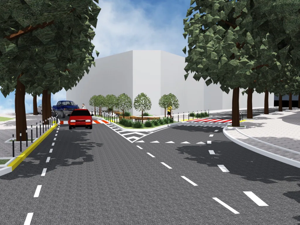 Вулиця з деревами, машинами та пішохідним переходом