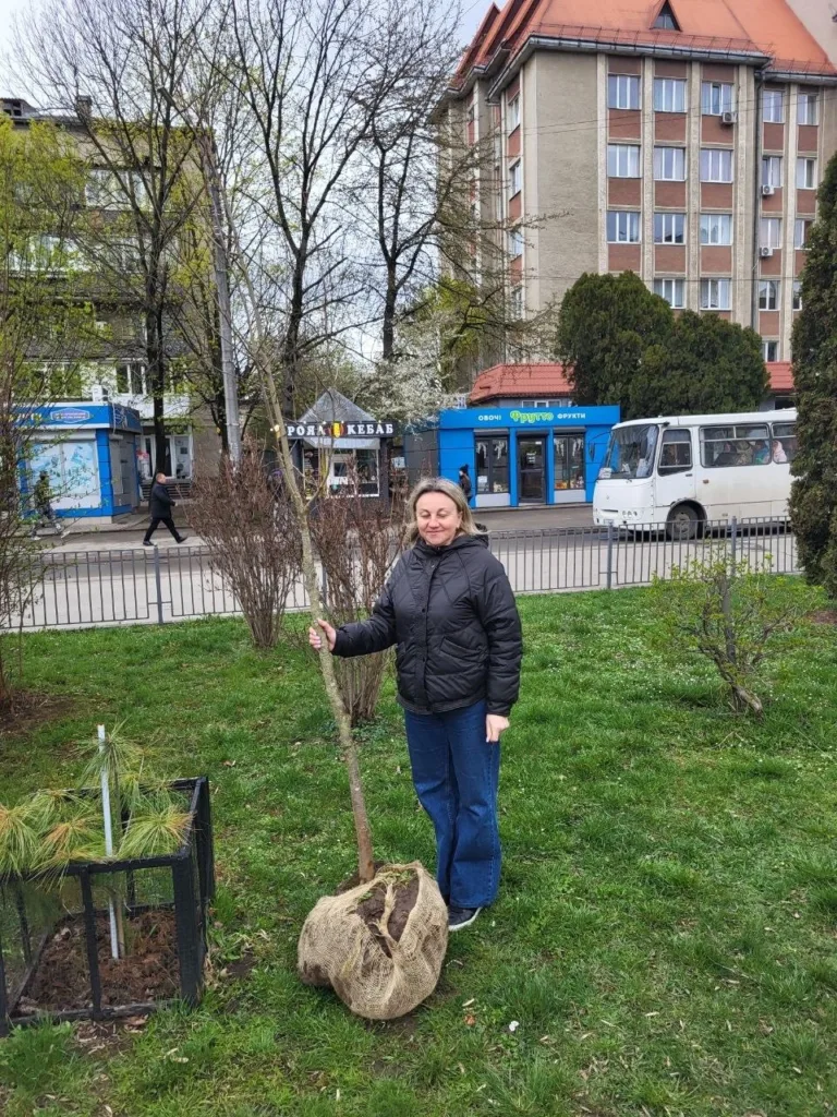 Жінка саджає дерево у міському парку