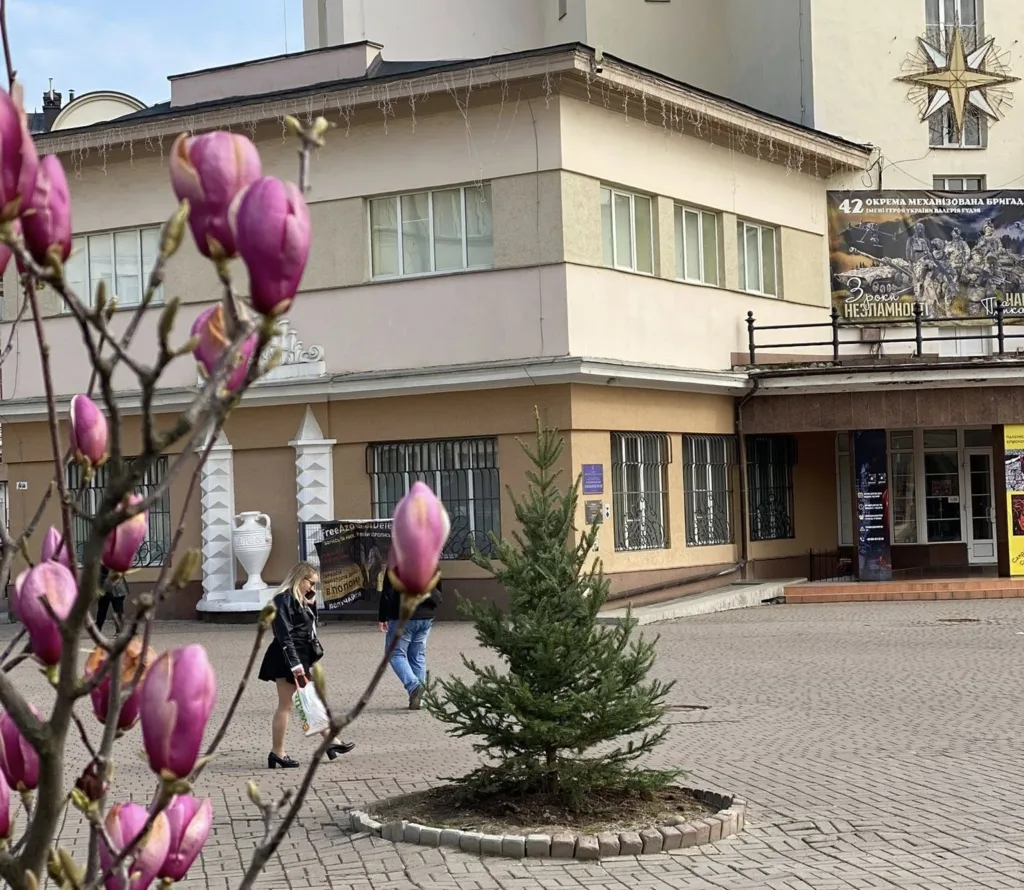 Весняні магнолії перед міською будівлею