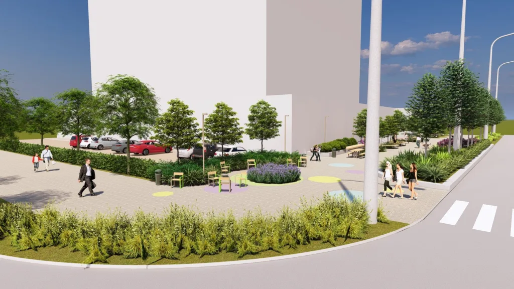 Сучасний міський сквер з деревами і лавками