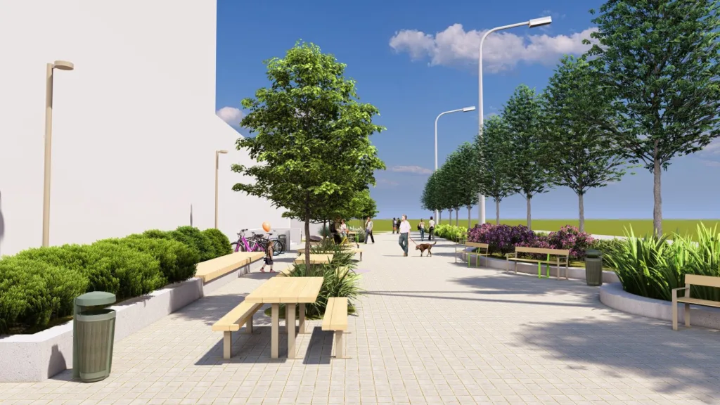 Сучасна міська алея з лавками та деревами