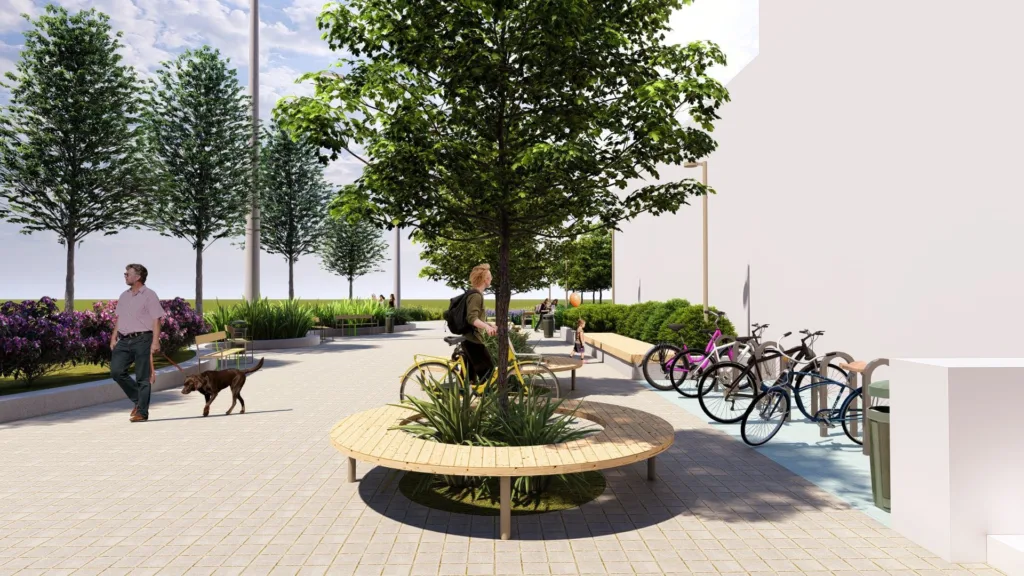 Сучасна вулиця з деревами, лавками та велосипедами