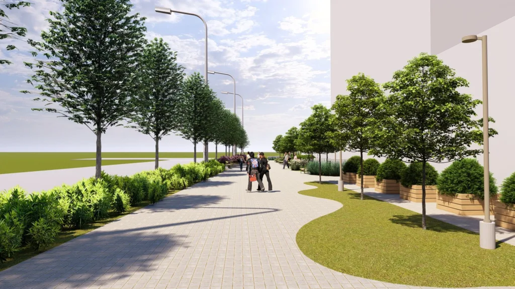 Зелена пішохідна алея з деревами та людьми