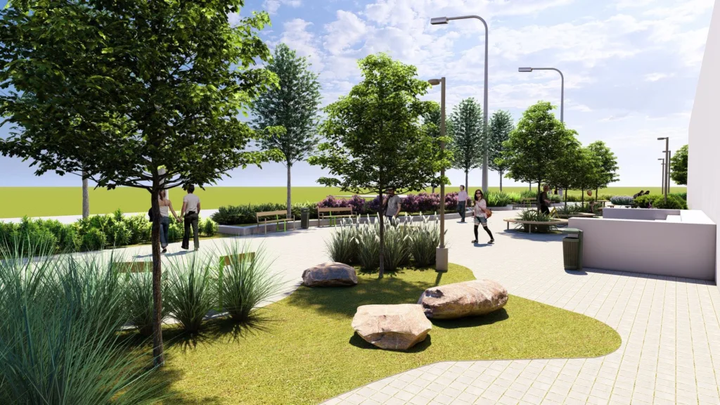 Сучасний міський парк із деревами та пішоходами