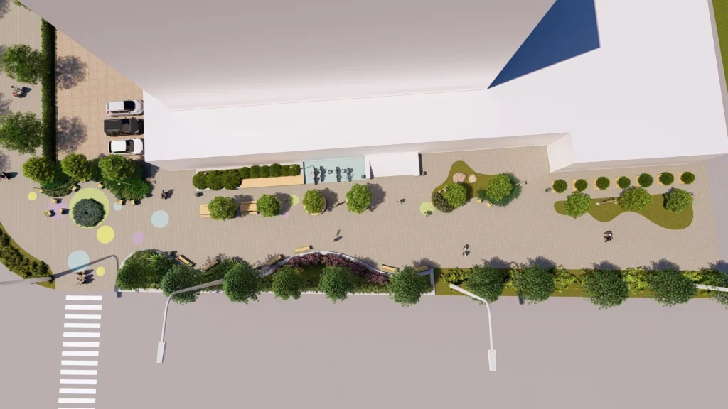 Вид зверху на сучасний двір з озелененням