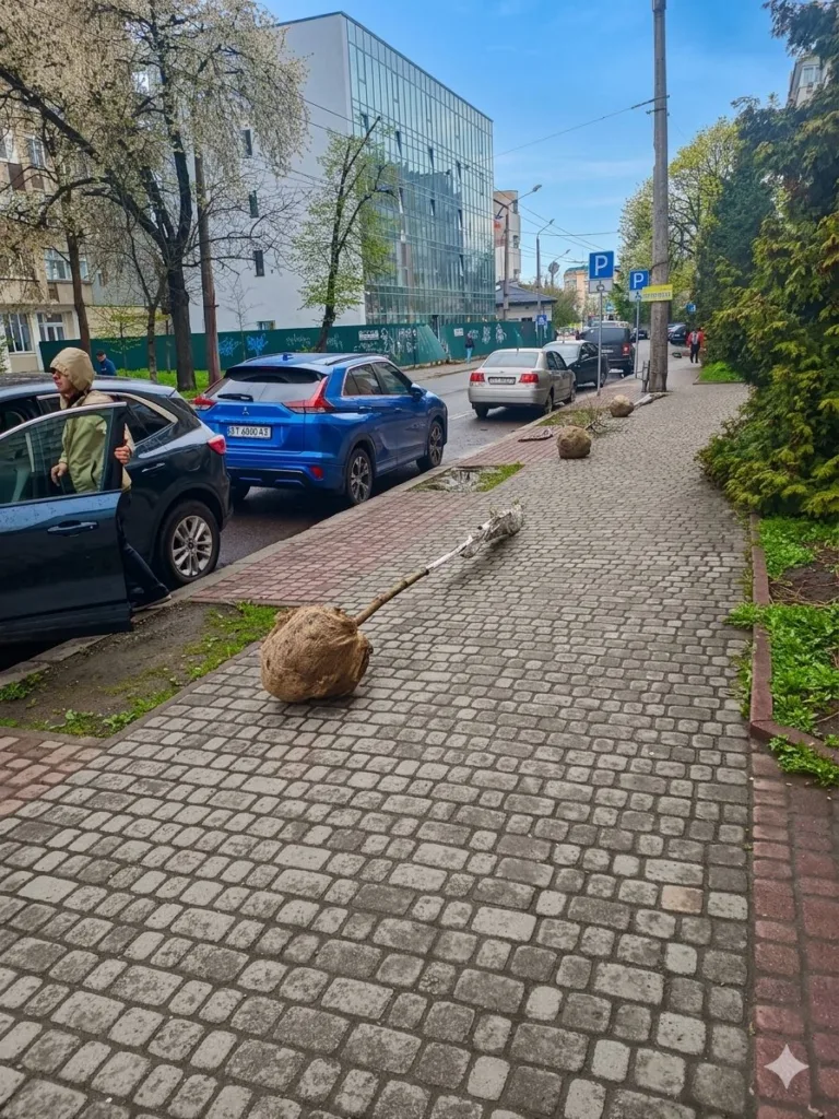 Молоді дерева з корінням лежать на тротуарі міста