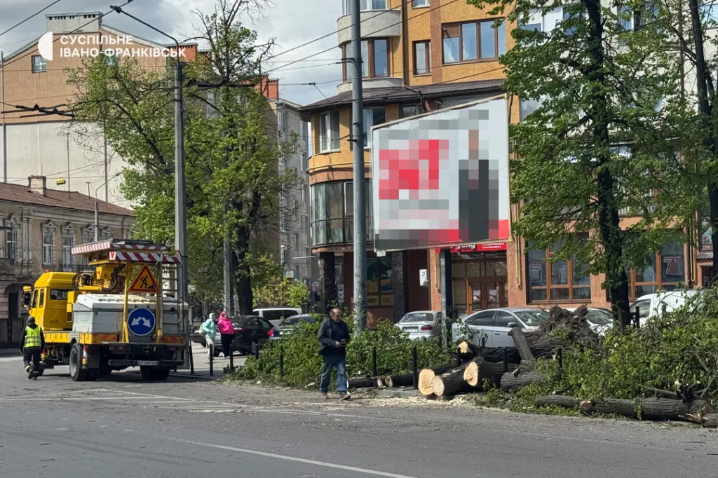 Працівники обрізають дерева на міській вулиці