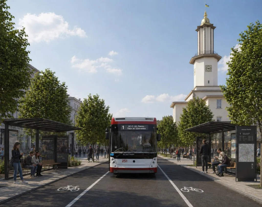 Автобус на вулиці біля ратуші Івано-Франківська