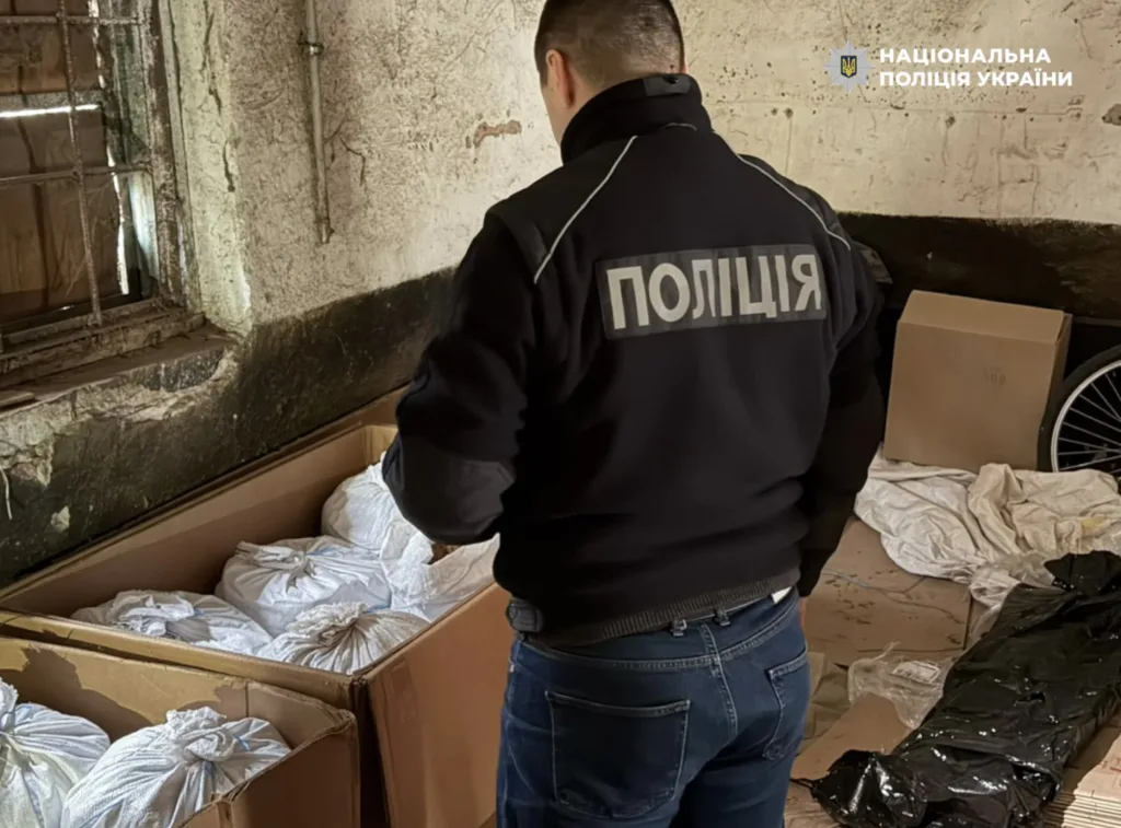 Поліцейський оглядає коробки з мішками у приміщенні
