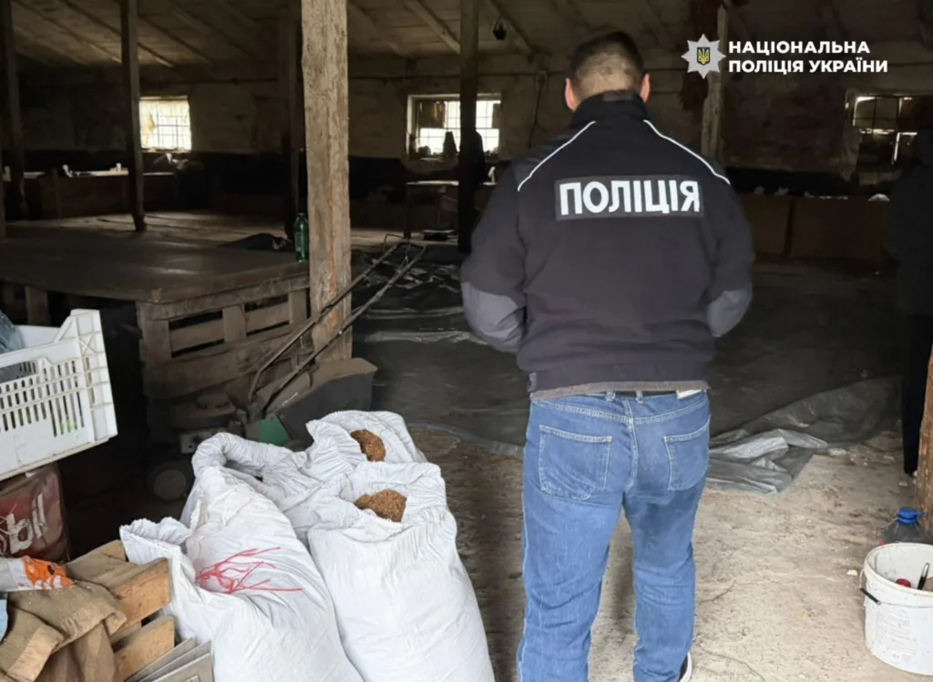 Поліцейський оглядає склад із мішками тютюну