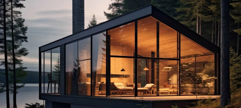 Сучасний скляний будинок у лісі біля озера