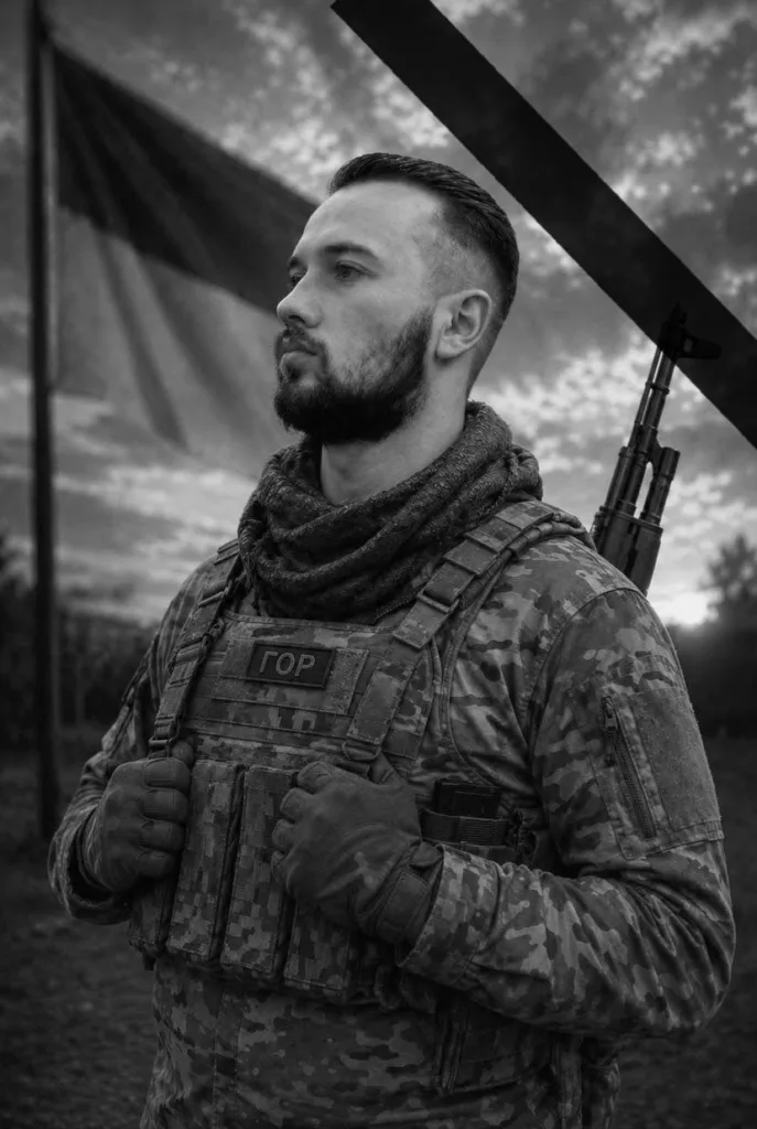 Український військовий у камуфляжі перед прапором України