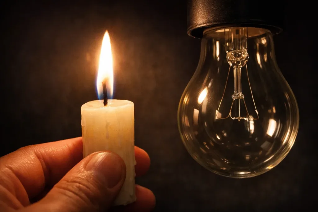 Запалена свічка поруч із лампочкою