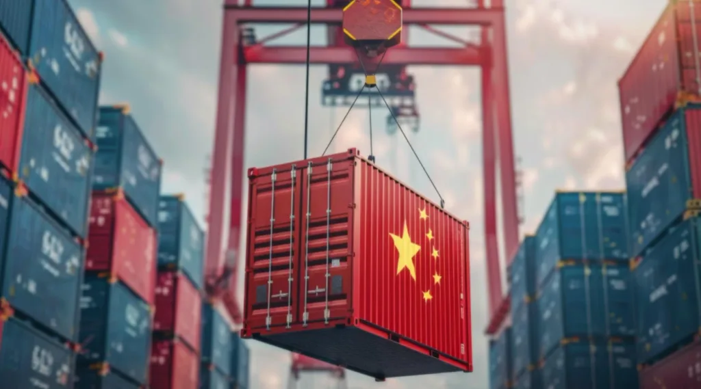 Кран підіймає китайський вантажний контейнер у порту