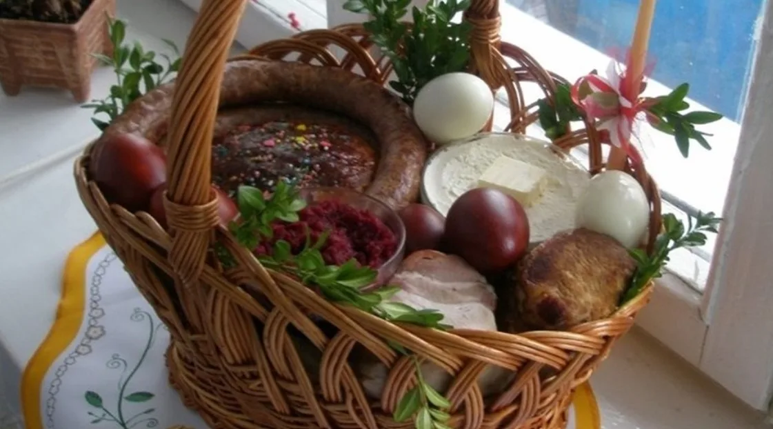 Великодній кошик з паскою та традиційними стравами