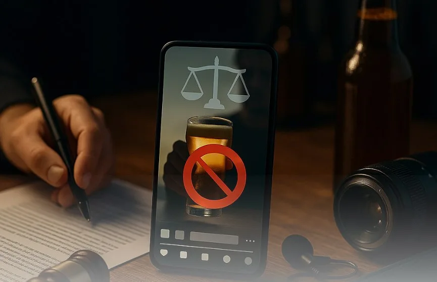 Заборона алкоголю, символ правосуддя на екрані телефону