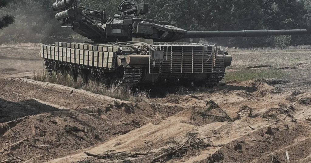 Бойовий танк на полігоні серед дерев