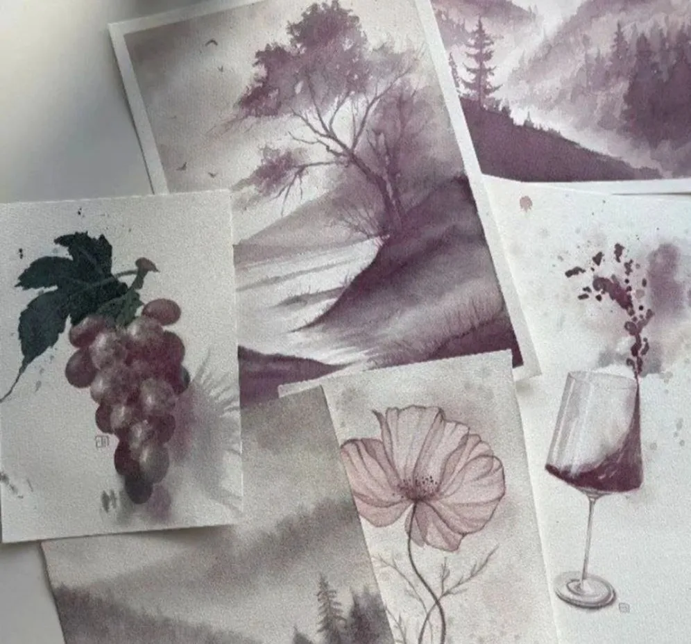 Акварельні малюнки природи, винограду і келиха вина