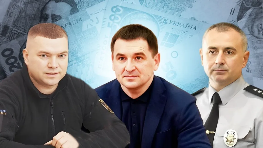 Троє чоловіків у поліцейській формі на тлі гривень