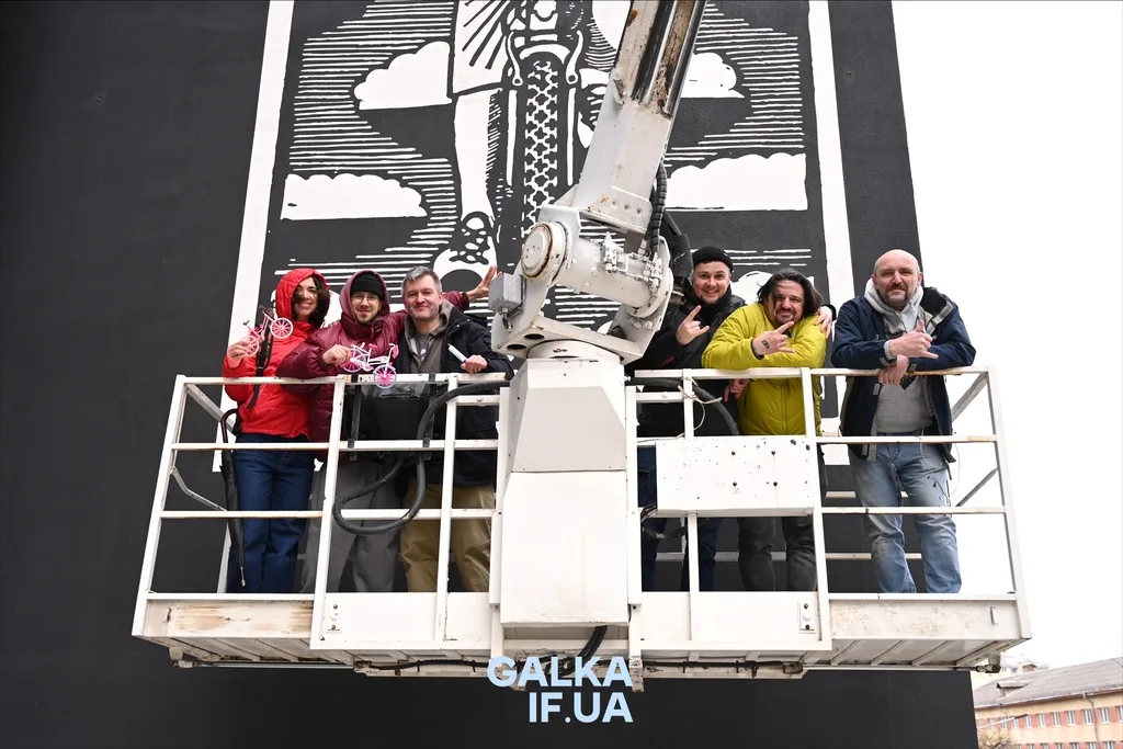 Група людей створює мурал на підйомнику