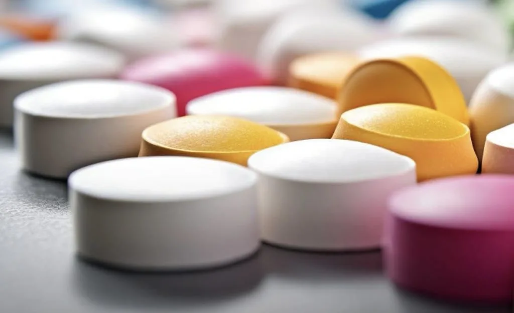 Кольорові пігулки на сірій поверхні