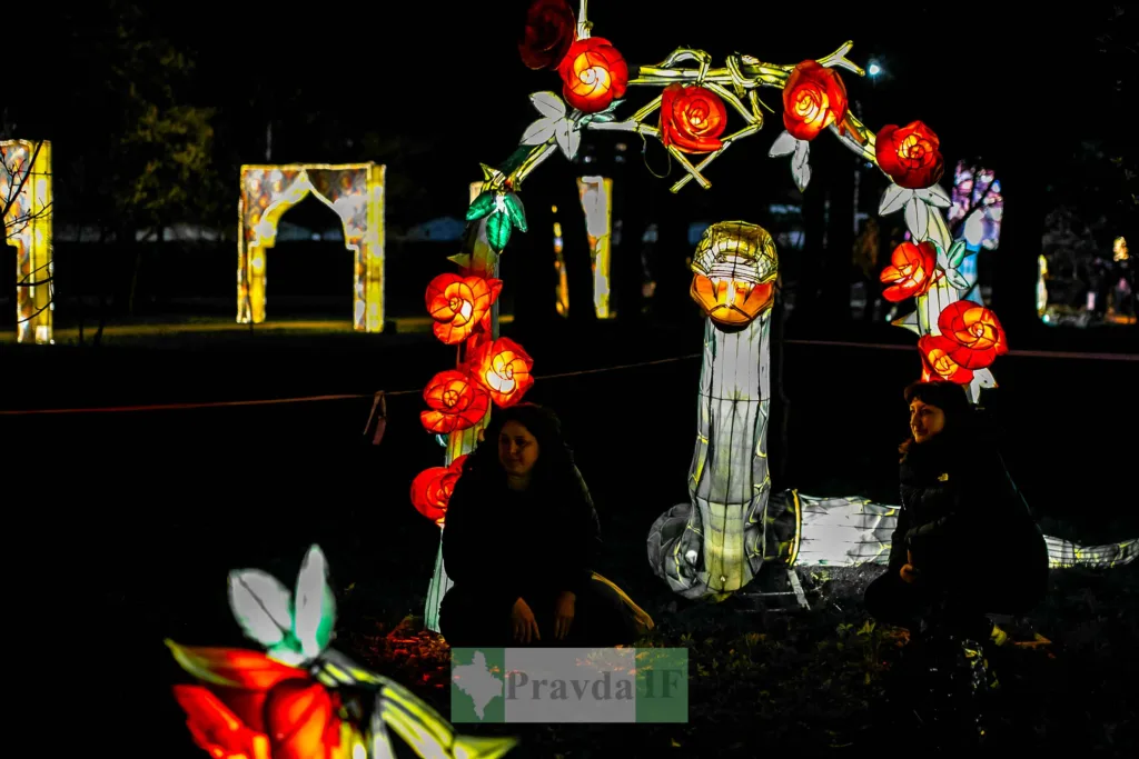 Світлова інсталяція з трояндами у нічному парку