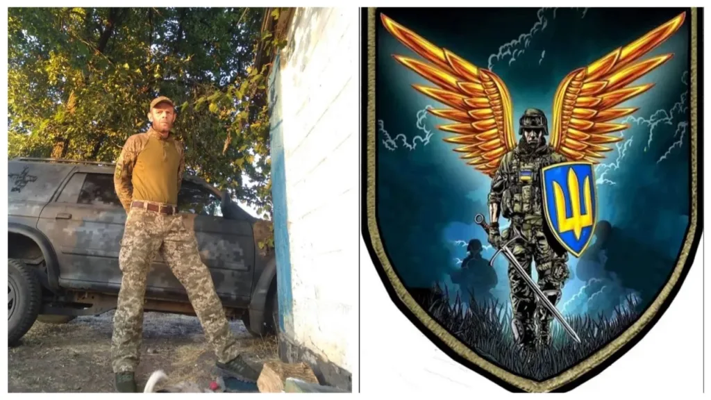 Український військовий та герб із крилатим солдатом