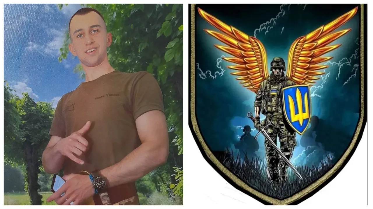 Український військовий і герб із крилатим воїном