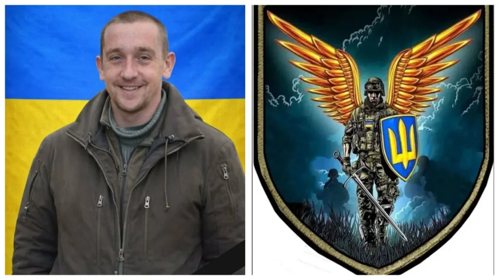 Український військовий та герб із золотими крилами