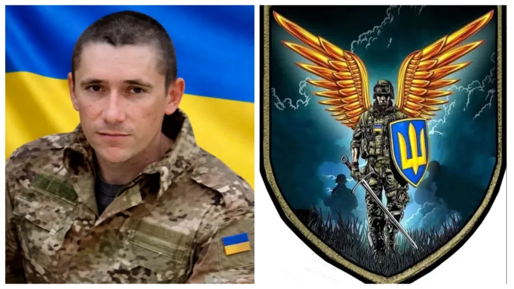 Український військовий та герб із крилатим воїном